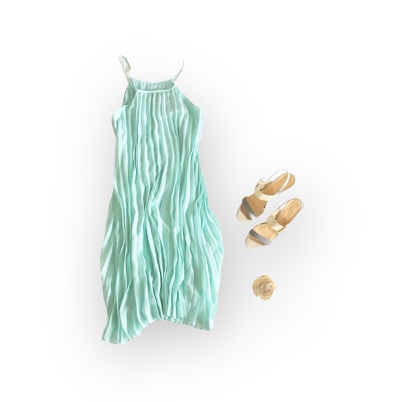 new Molly Bracken ❃ Pleated High Neck Chiffon Mini Sun Dress ❃ Baby Blue ❃ M L ❃ - Picture 4 of 16